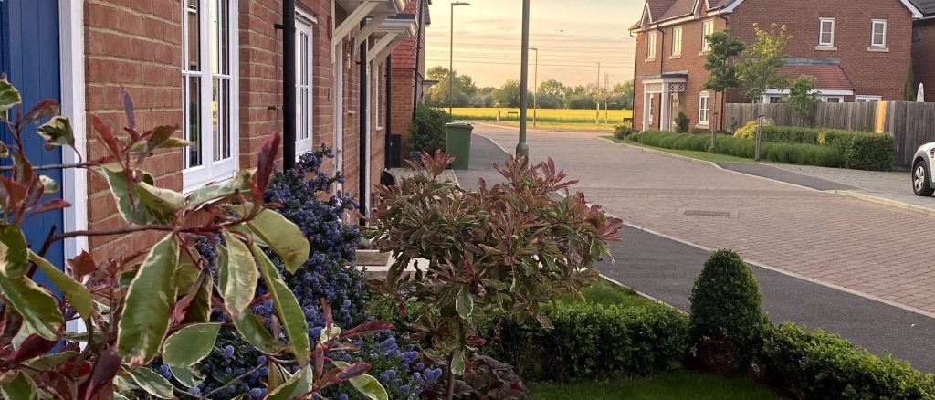 Quiet residential street lined with new-build brick houses at dusk.